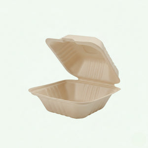 6" Natural Burger Box, Sugarcane Bagasse Takeaway Clamshell, 150 x 150 x 40/78 mm (500 pcs) - Suitable for Restaurants & Food Trucks
