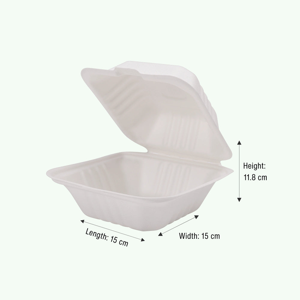 6" White Burger Box, Sugarcane Bagasse Takeaway Clamshell, 150 x 150 x 40/78 mm (500 pcs) - Suitable for Restaurants & Food Trucks