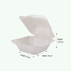 6" White Burger Box, Sugarcane Bagasse Takeaway Clamshell, 150 x 150 x 40/78 mm (500 pcs) - Suitable for Restaurants & Food Trucks