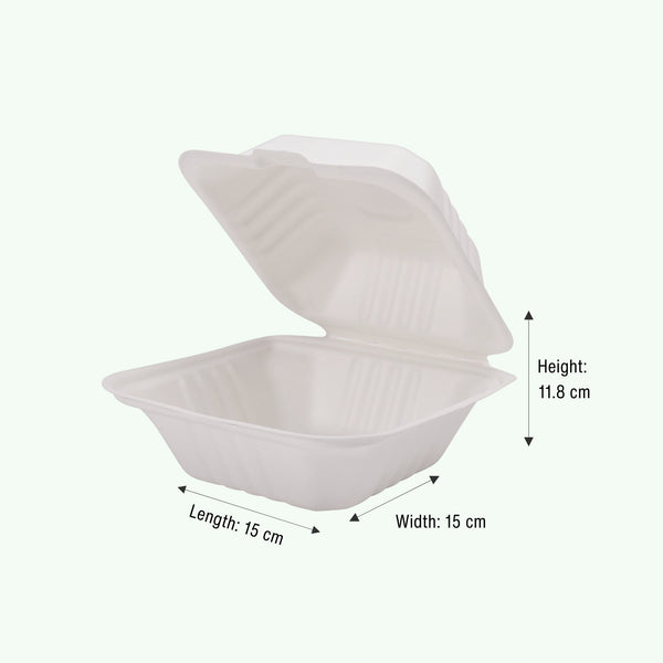 6" White Burger Box, Sugarcane Bagasse Takeaway Clamshell, 150 x 150 x 40/78 mm (500 pcs) - Suitable for Restaurants & Food Trucks