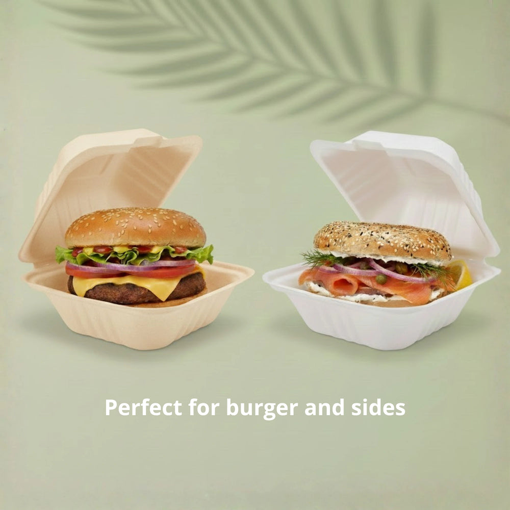 6" Natural Burger Box, Sugarcane Bagasse Takeaway Clamshell, 150 x 150 x 40/78 mm (500 pcs) - Suitable for Restaurants & Food Trucks