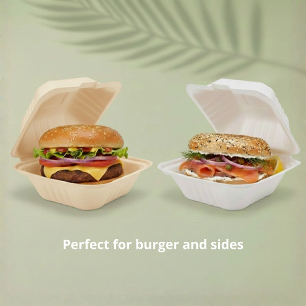 6" Natural Burger Box, Sugarcane Bagasse Takeaway Clamshell, 150 x 150 x 40/78 mm (500 pcs) - Suitable for Restaurants & Food Trucks