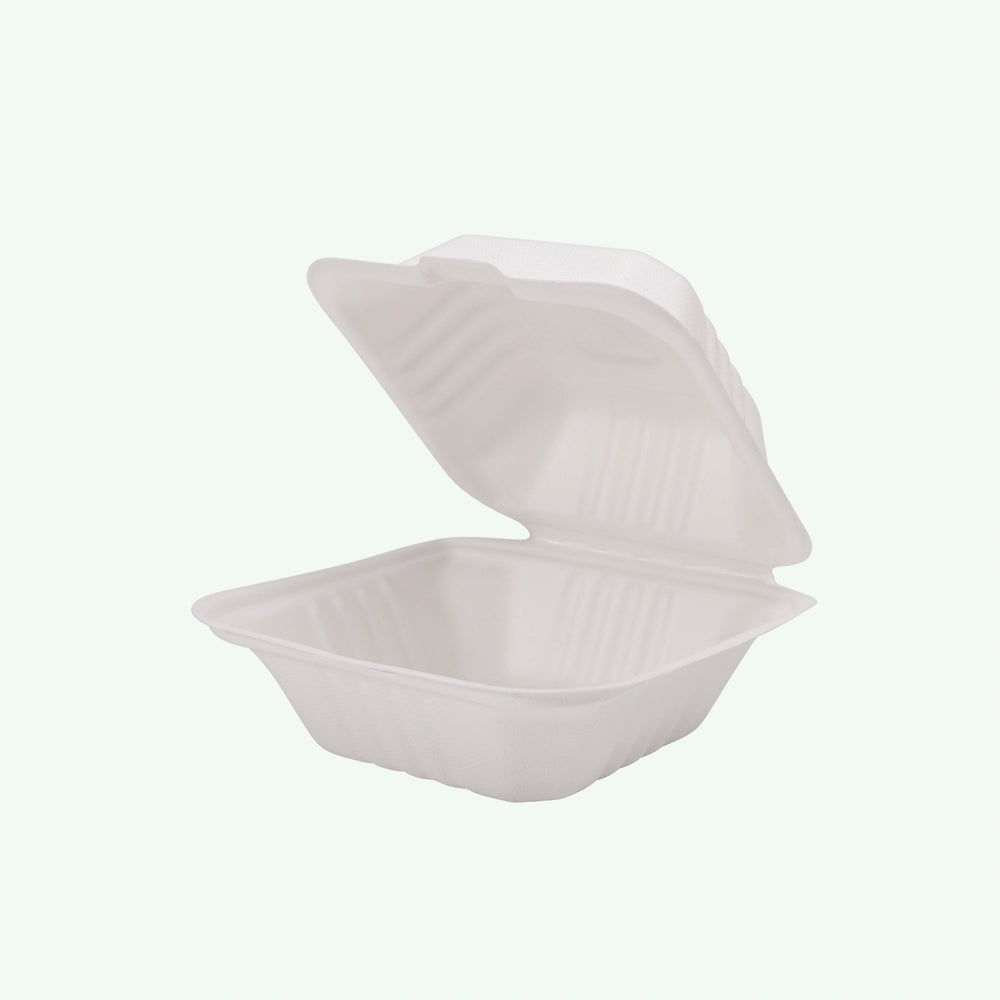 6" White Burger Box, Sugarcane Bagasse Takeaway Clamshell, 150 x 150 x 40/78 mm (500 pcs) - Suitable for Restaurants & Food Trucks