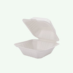 6" White Burger Box, Sugarcane Bagasse Takeaway Clamshell, 150 x 150 x 40/78 mm (500 pcs) - Suitable for Restaurants & Food Trucks