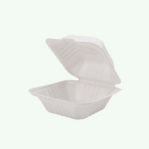 6" White Burger Box, Sugarcane Bagasse Takeaway Clamshell, 150 x 150 x 40/78 mm (500 pcs) - Suitable for Restaurants & Food Trucks