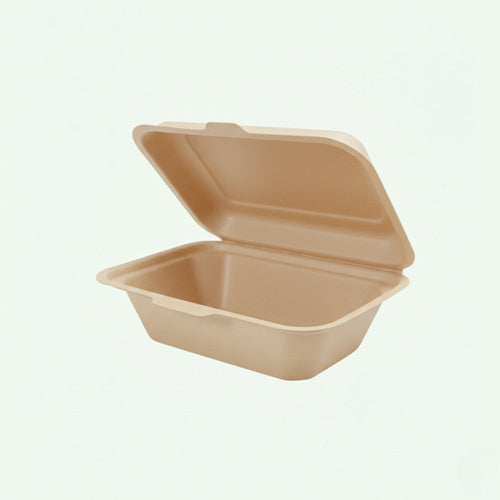 600ml Natural Sugarcane Clamshell Food Container, 180 x 135 x 40/55 mm (500 pcs) - Suitable for Restaurants & Takeaway