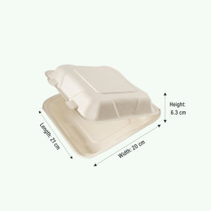 8" Natural Clamshell Takeaway Box, Sugarcane Bagasse, 210 x 200 x 63 mm (200pcs) - Suitable for Restaurants