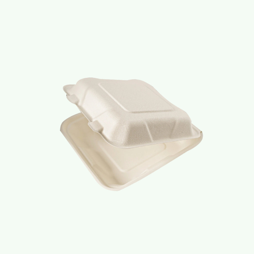 8" Natural Clamshell Takeaway Box, Sugarcane Bagasse, 210 x 200 x 63 mm (200pcs) - Suitable for Restaurants