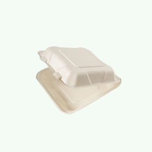 8" Natural Clamshell Takeaway Box, Sugarcane Bagasse, 210 x 200 x 63 mm (200pcs) - Suitable for Restaurants