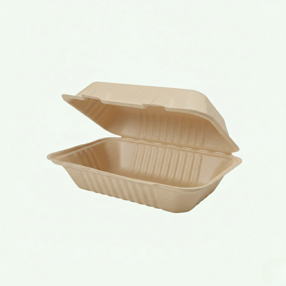 9 x 6" Natural Clamshell Food Container, Sugarcane Bagasse, 230 x 155 x 40/76 mm (250 pcs) - Suitable for Restaurants & Takeaway