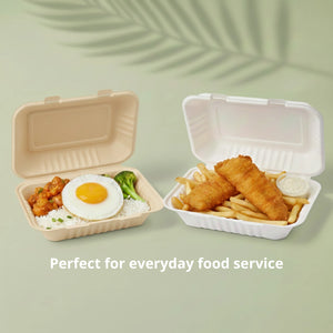 9 x 6" Natural Clamshell Food Container, Sugarcane Bagasse, 230 x 155 x 40/76 mm (250 pcs) - Suitable for Restaurants & Takeaway