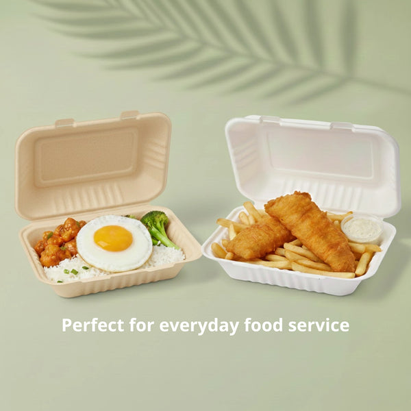 9 x 6" Natural Clamshell Food Container, Sugarcane Bagasse, 230 x 155 x 40/76 mm (250 pcs) - Suitable for Restaurants & Takeaway