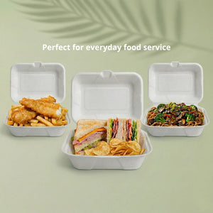 9 x 5″ White Clamshell Food Container, Sugarcane Bagasse, 220 x 130 x 45/70 mm (200 pcs) – Suitable for Restaurants & Takeaway