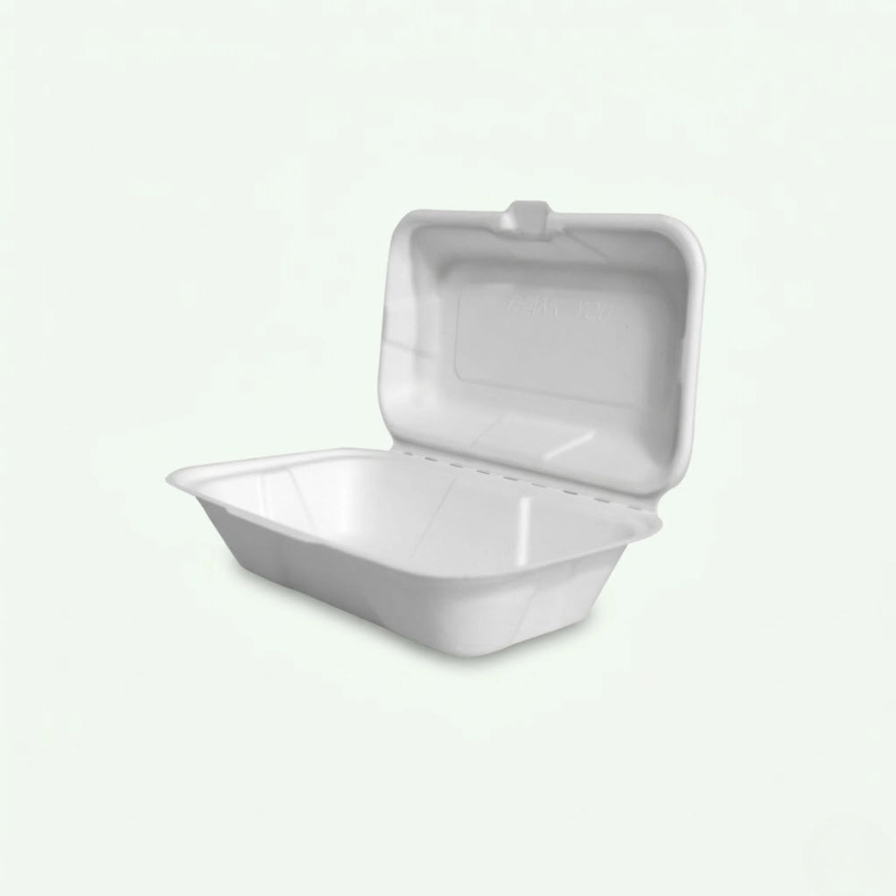 9 x 5″ White Clamshell Food Container, Sugarcane Bagasse, 220 x 130 x 45/70 mm (200 pcs) – Suitable for Restaurants & Takeaway