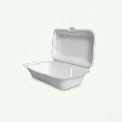 9 x 5″ White Clamshell Food Container, Sugarcane Bagasse, 220 x 130 x 45/70 mm (200 pcs) – Suitable for Restaurants & Takeaway