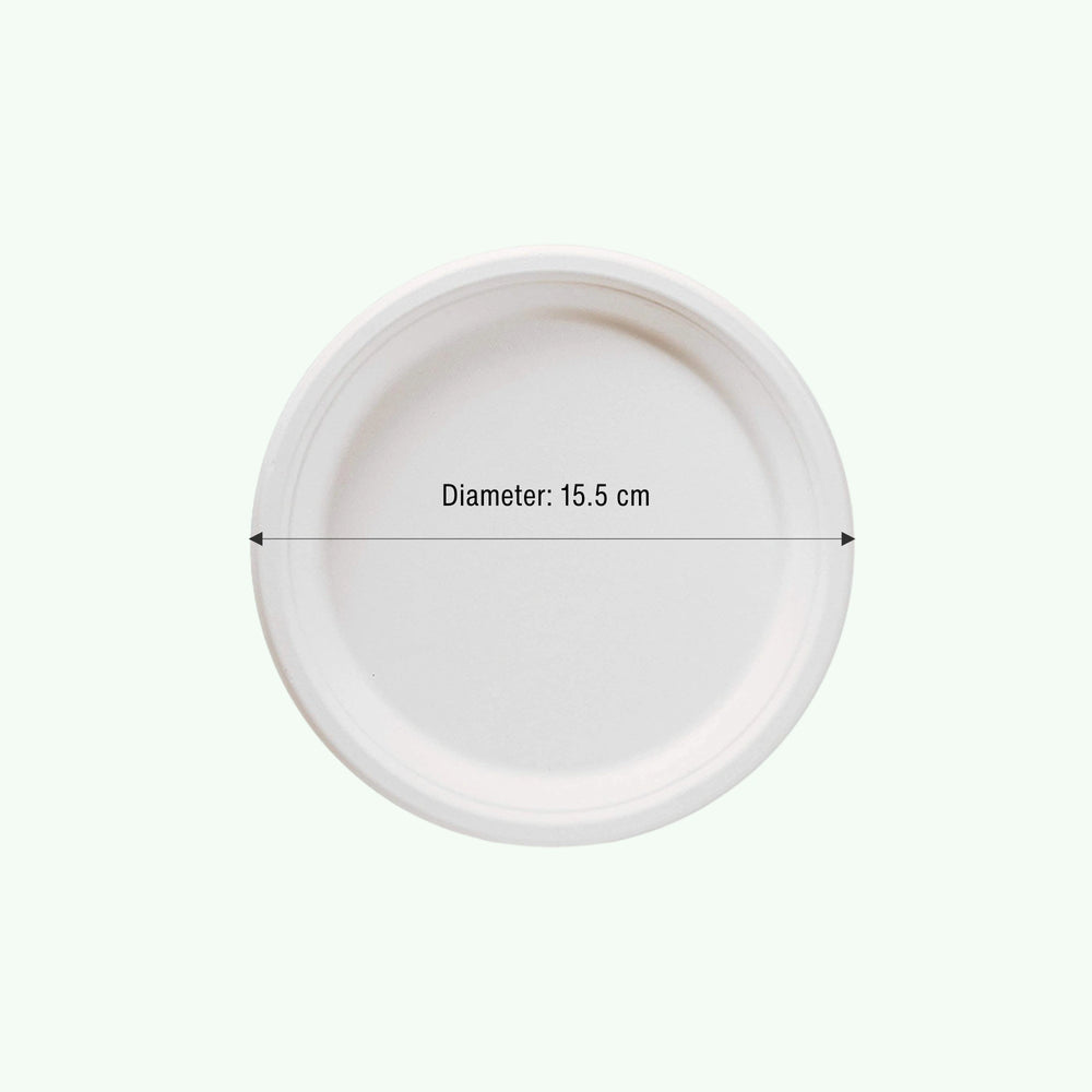 6" White Round Plate, Sugarcane Bagasse, 155 x 15 mm (1000 pcs) - Suitable for Restaurants & Catering