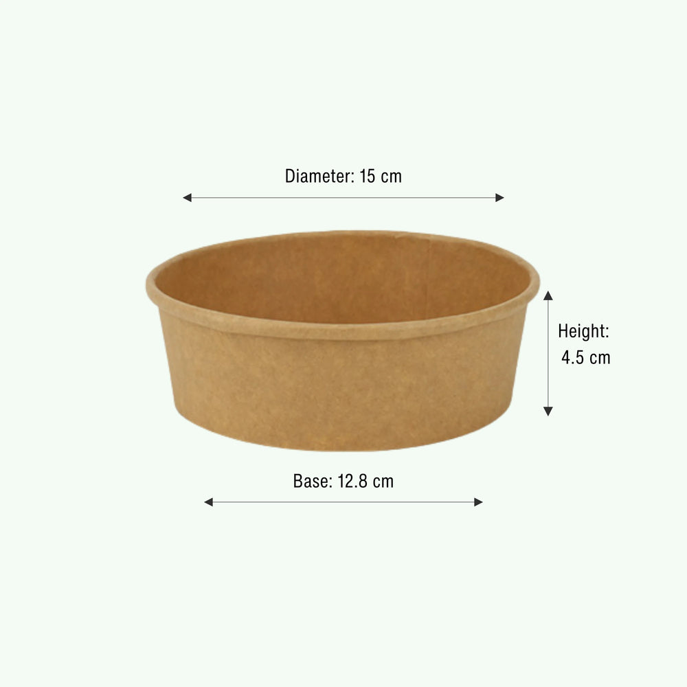 500ml Brown Round Kraft Paper Bowl, 150 x 128 x 45 mm (300 pcs) - Suitable for Restaurants & Takeaway