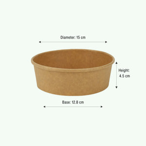 500ml Brown Round Kraft Paper Bowl, 150 x 128 x 45 mm (300 pcs) - Suitable for Restaurants & Takeaway