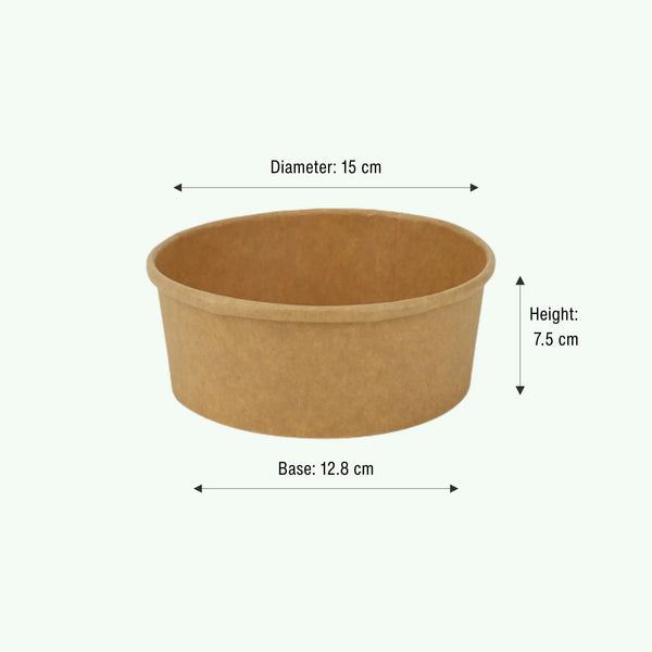 1000ml Brown Round Kraft Paper Bowl, 150 x 128 x 75 mm (300 pcs) - Suitable for Restaurants & Takeaway