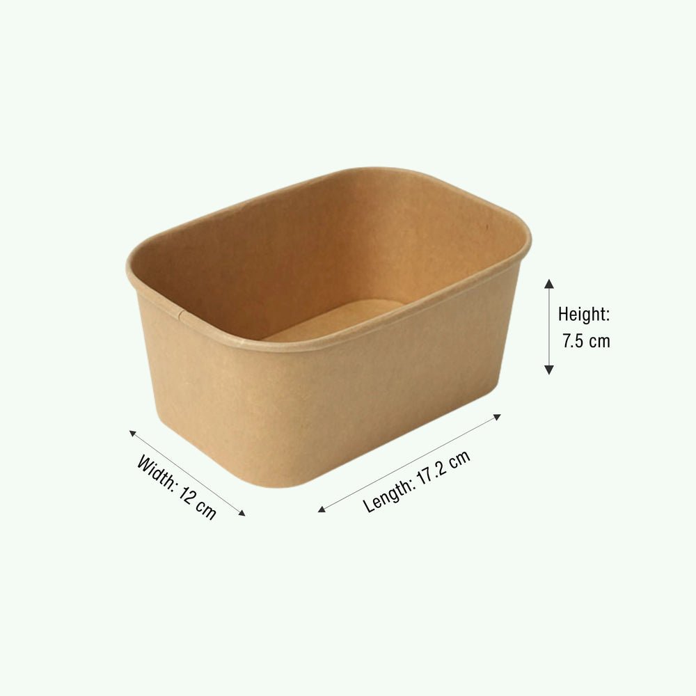 1000ml Brown Rectangle Kraft Paper Bowl, 172 x 120 x 75 mm (300 pcs) - Suitable for Restaurants & Takeaway