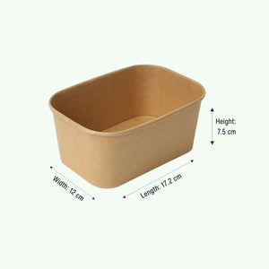 1000ml Brown Rectangle Kraft Paper Bowl, 172 x 120 x 75 mm (300 pcs) - Suitable for Restaurants & Takeaway