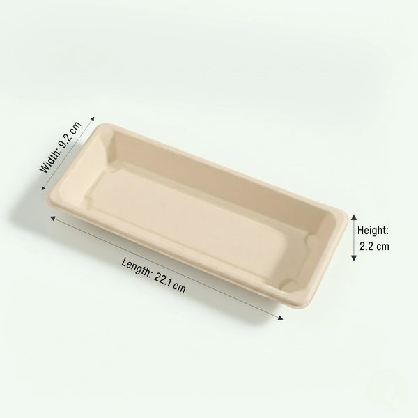 Long Natural Sushi Tray, Sugarcane Bagasse, 221 x 92 x 22 mm (500 pcs) - Suitable for Restaurants & Takeaway