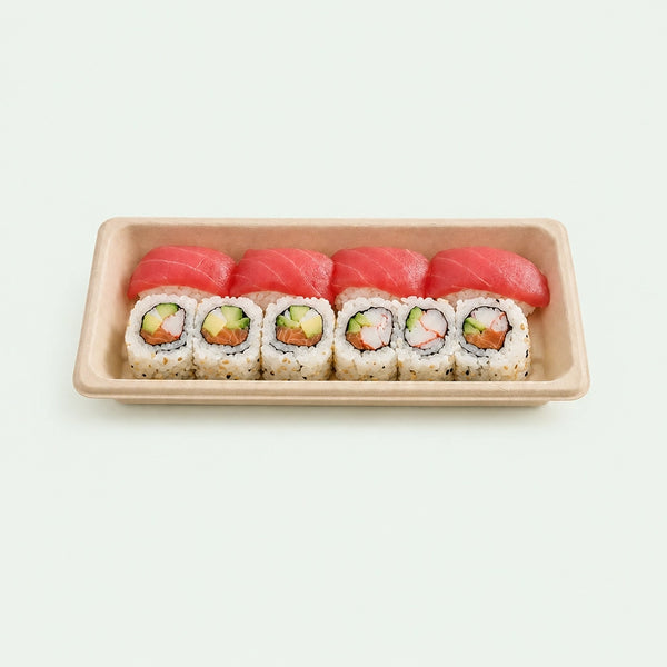TRAY ONLY – Long Natural Bagasse Sushi Tray, 221 × 92 × 22 mm (500 pcs)