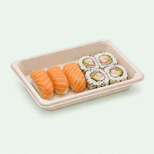 TRAY ONLY – Medium Natural Bagasse Sushi Tray, 165 × 115 × 21 mm (500 pcs)