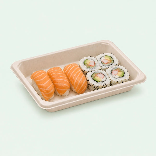 TRAY ONLY – Medium Natural Bagasse Sushi Tray, 165 × 115 × 21 mm (500 pcs)