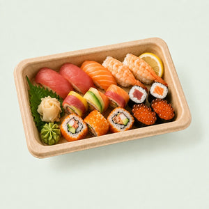TRAY ONLY – CST04 Natural Bagasse Sushi Tray, 164 × 89 × 21 mm (500 pcs)