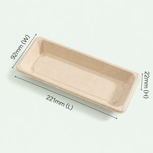 TRAY ONLY – Long Natural Bagasse Sushi Tray, 221 × 92 × 22 mm (500 pcs)