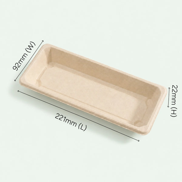 TRAY ONLY – Long Natural Bagasse Sushi Tray, 221 × 92 × 22 mm (500 pcs)