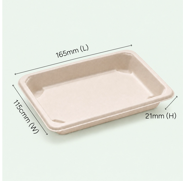 TRAY ONLY – Medium Natural Bagasse Sushi Tray, 165 × 115 × 21 mm (500 pcs)